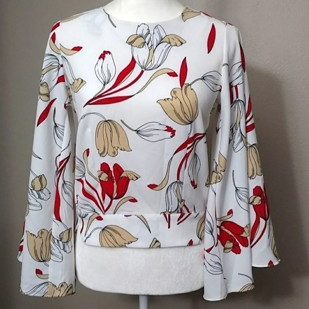 Depri Floral Top White Trumpet Sleeve Blouse, Size - Small